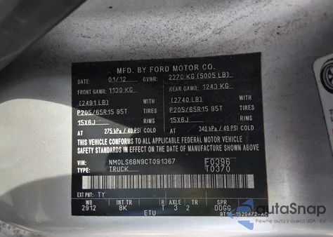 2012 Ford Transit Connect Xlt from USA, damaged, VIN NM0LS6BN9CT091367